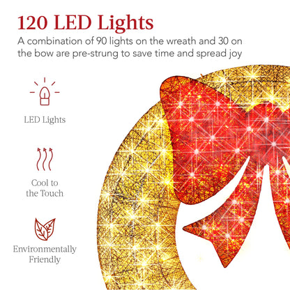 Pre-Lit Outdoor Christmas Wreath LED Metal Holiday Decor w/ Bow - 36in