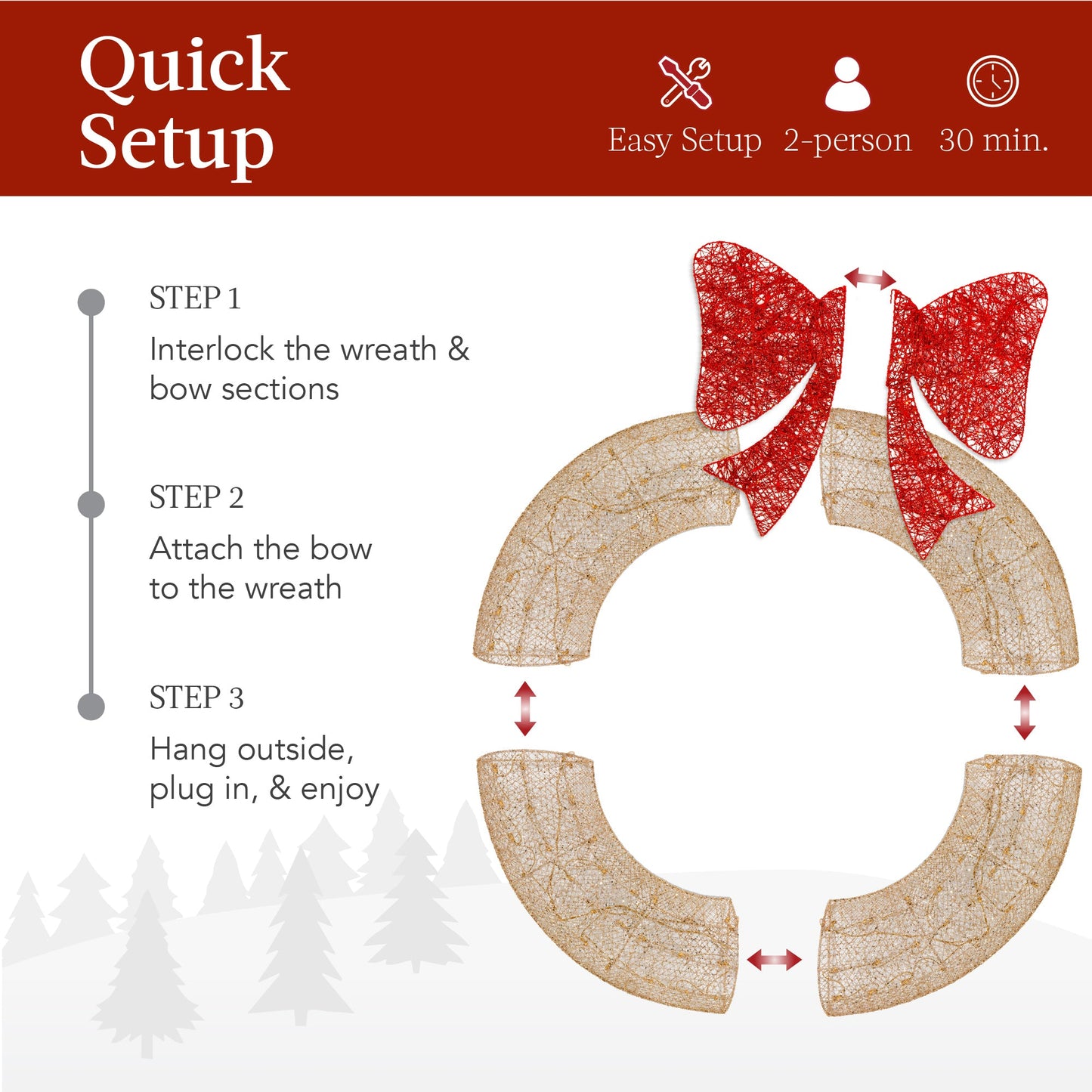 Pre-Lit Outdoor Christmas Wreath LED Metal Holiday Decor w/ Bow - 36in