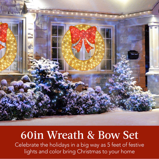 Pre-Lit Outdoor Christmas Wreath LED Metal Holiday Decor w/ Bow - 60in