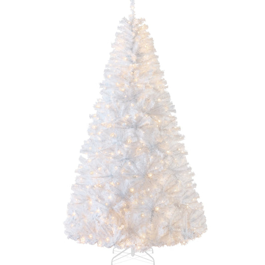 Pre-Lit Hinged Artificial White Pine Christmas Tree w/ Lights Metal Stand