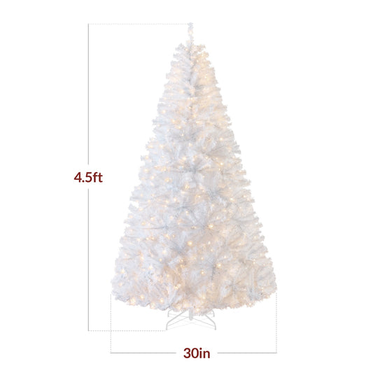 Pre-Lit Hinged Artificial White Pine Christmas Tree w/ Lights Metal Stand