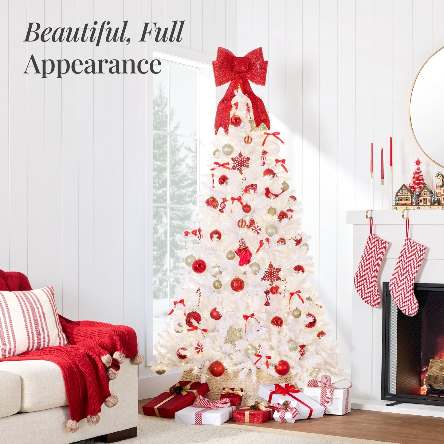 Pre-Lit Hinged Artificial White Pine Christmas Tree w/ Lights Metal Stand