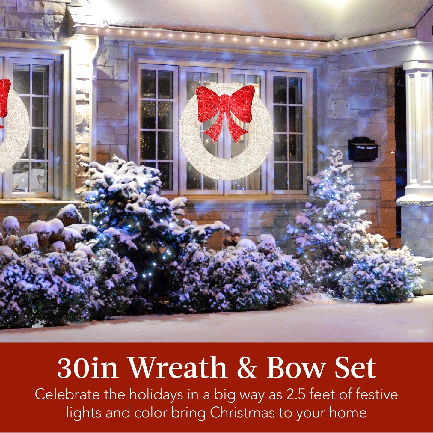 Pre-Lit Outdoor Christmas Wreath LED Metal Holiday Decor w/ Bow - 30in