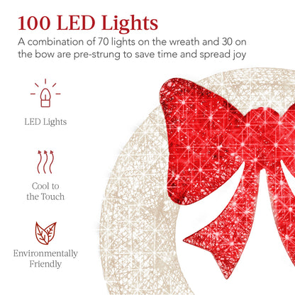 Pre-Lit Outdoor Christmas Wreath LED Metal Holiday Decor w/ Bow - 30in