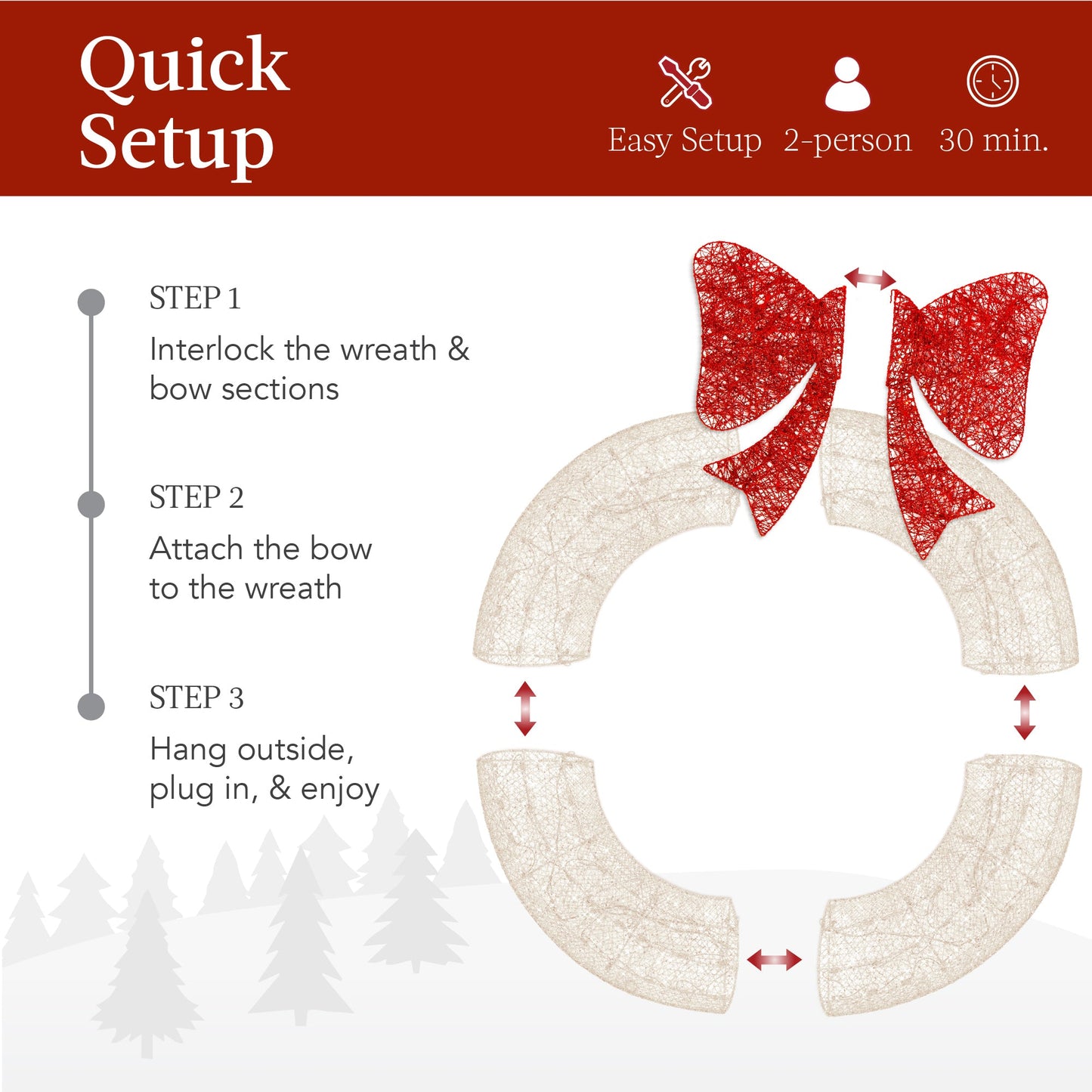 Pre-Lit Outdoor Christmas Wreath LED Metal Holiday Decor w/ Bow - 30in