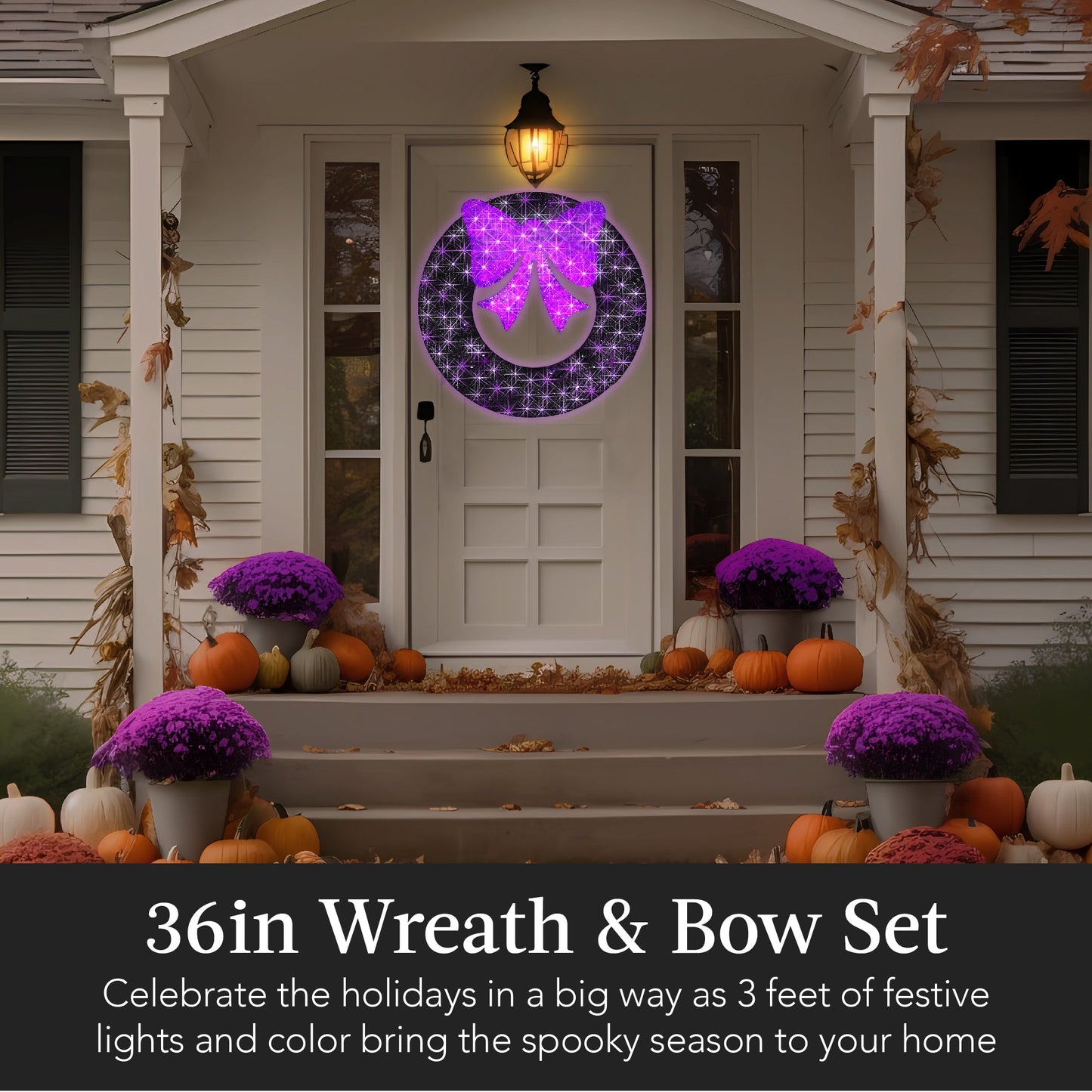 Pre-Lit Outdoor Halloween Wreath LED Metal Holiday Decor w/ Bow - 36in