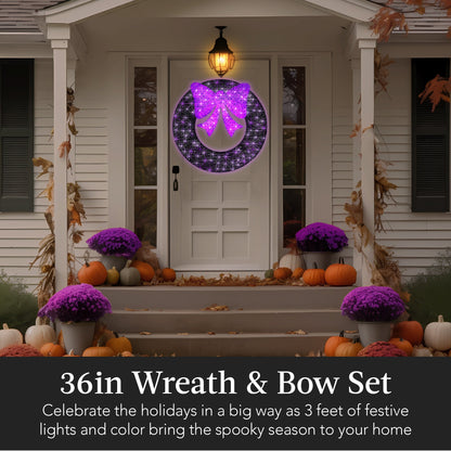 Pre-Lit Outdoor Halloween Wreath LED Metal Holiday Decor w/ Bow - 36in