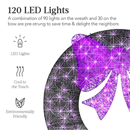 Pre-Lit Outdoor Halloween Wreath LED Metal Holiday Decor w/ Bow - 36in