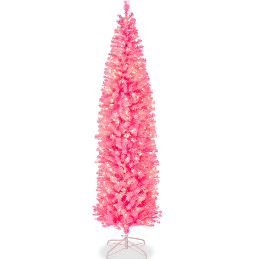Pre-Lit Pink Artificial Pencil Holiday Tree w/ Warm White Lights Stand
