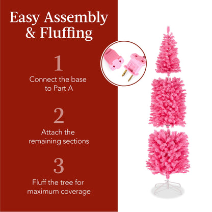 Pre-Lit Pink Artificial Pencil Holiday Tree w/ Warm White Lights Stand