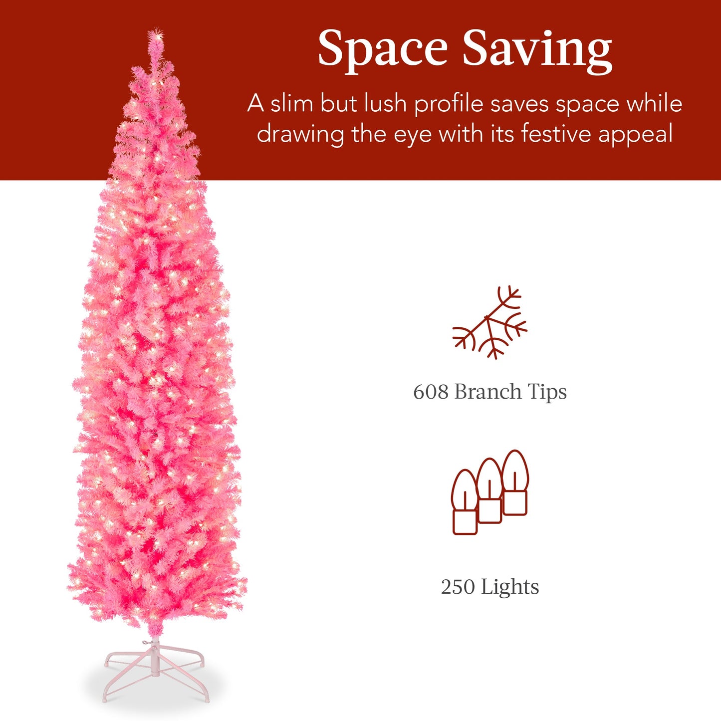Pre-Lit Pink Artificial Pencil Holiday Tree w/ Warm White Lights Stand