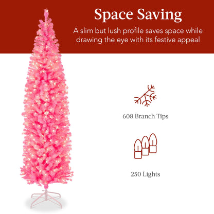 Pre-Lit Pink Artificial Pencil Holiday Tree w/ Warm White Lights Stand