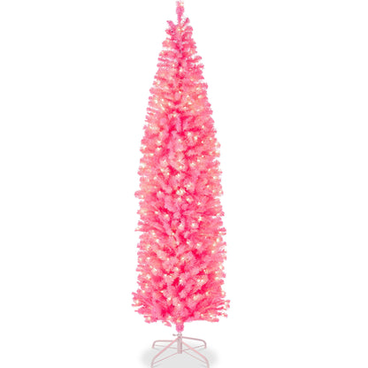 Pre-Lit Pink Artificial Pencil Holiday Tree w/ Warm White Lights Stand
