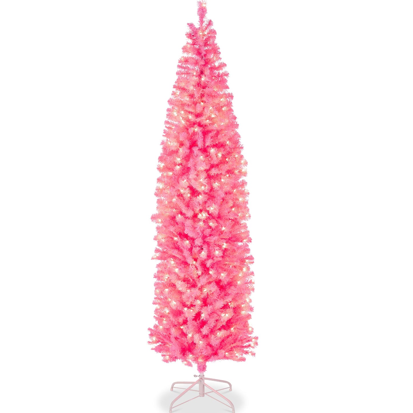 Pre-Lit Pink Artificial Pencil Holiday Tree w/ Warm White Lights Stand