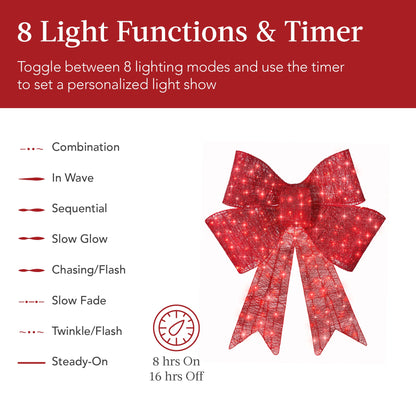 Pre-Lit Large Christmas Bow Decoration Holiday Decor w/ 8 Functions